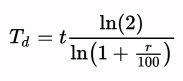T_{d}=t \frac{\ln (2)}{\ln \left(1+\frac{r}{100}\right)}