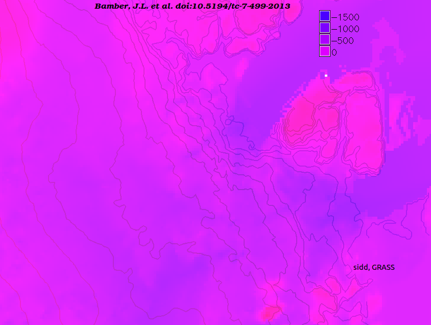 surface contours over color coded bedrock map in NE Greenland