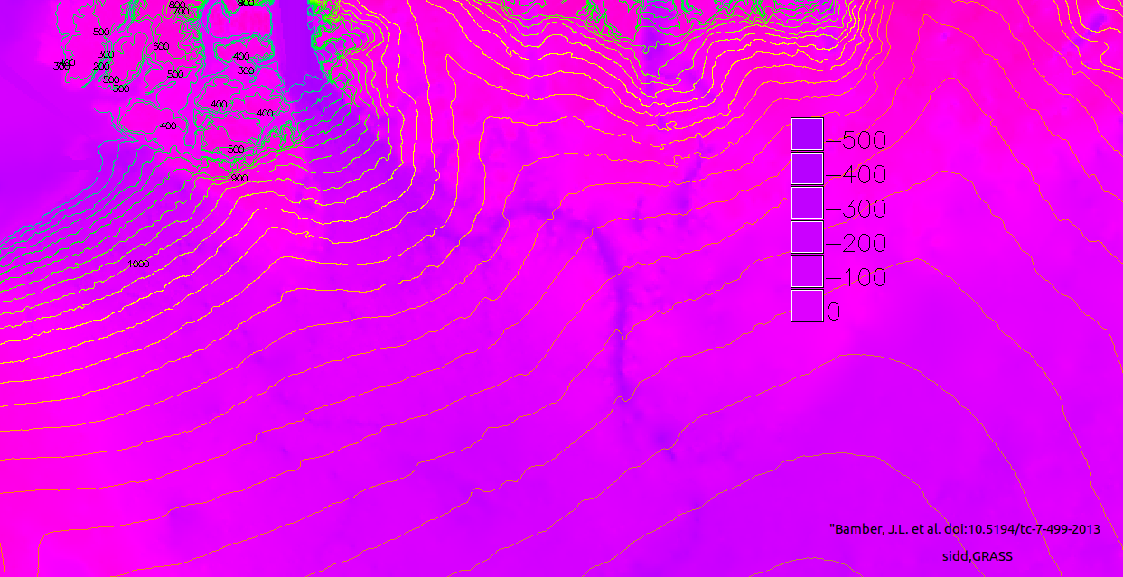 surface contours over color coded bedrock map in NW Greenland